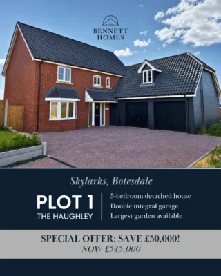 SPECIAL OFFER: Get £50,000 off* the asking price!

Plot 1 (The Haughley) is one of the largest homes at Skylarks.

Highlights include five double bedrooms, a dual-aspect living room, spacious kitchen/dining room, separate utility room, study and double integral garage.

Call our team on 01284 766057 to book a viewing.

* Terms & Conditions apply. Subject to completion by 11th December 2026.

#NewHomesForSale #SuffolkHomes