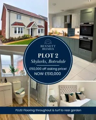 SPECIAL OFFER
£50,000 off PLUS flooring included throughout and turf to rear garden!*
 
Plot 2 (The Beyton) is a detached house with large, contemporary living spaces on the ground floor and four double bedrooms on the first floor. Other highlights include a double garage, solar panels and underfloor heating on the ground floor.
 
Call our team on 01284 766057 to book a viewing.
 
*Terms & Conditions apply. Subject to completion by 11th December 2026.
 
#NewHomesForSale #SuffolkHomes
