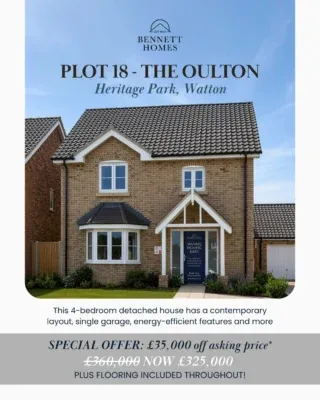 SPECIAL OFFER: £35,000 off* and flooring included throughout!
 
Plot 18 (The Oulton) at Heritage Park in Watton has a stylish kitchen/dining room, spacious living room, en-suite to the master bedroom, generous garden and more.
 
Call 01284 766057 to find out more.
 
*Terms & Conditions apply. Subject to completion by 11th December 2026.
 
#NewHomesForSale #HomesInNorfolk