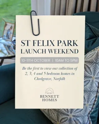 Join us for our St Felix Park launch weekend!
 
With a collection of 2, 3, 4 and 5 bedroom homes available now, this is your first chance to step inside our stunning new Show Home and experience the exceptional specification and award-winning build quality for yourself.
 
Plus, take advantage of exclusive offers available throughout the weekend.
 
🗓️ 10th & 11th October
🕐 10am to 5pm
 
#NewHomesForSale #HomesInNorfolk